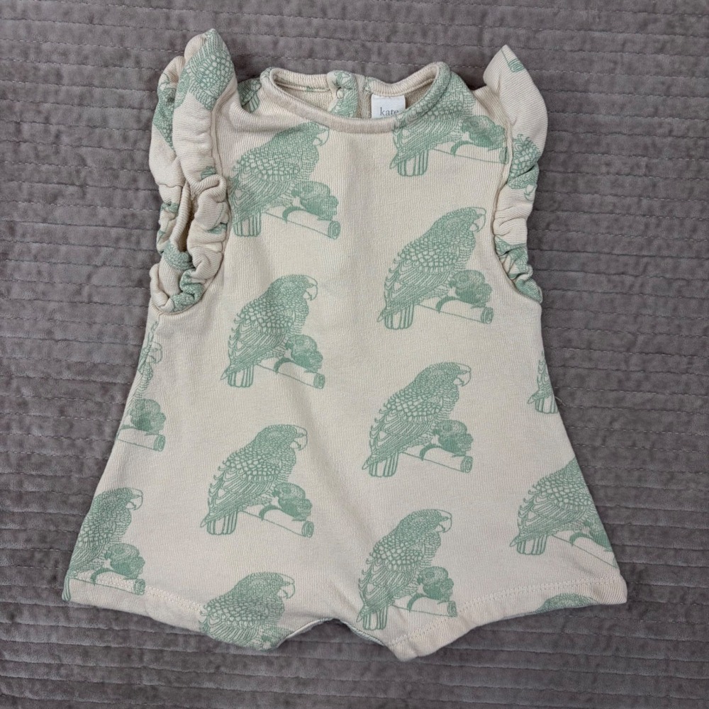 Kate Quinn Organic Cotton Parrot Print Ruffle Romper Sage Green 6-12M